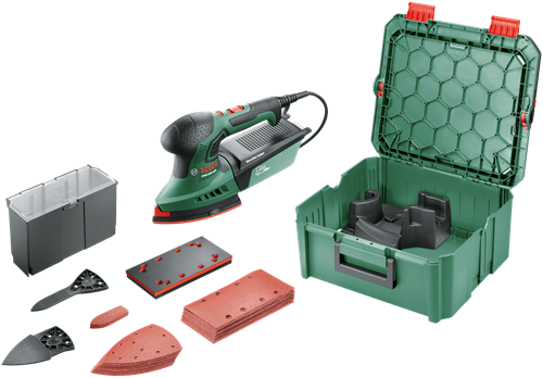 Bosch PSM 200 AES verde | levigatrice multifunzione + scatola di sistema | 200w| incl. accessori - 06033b6002