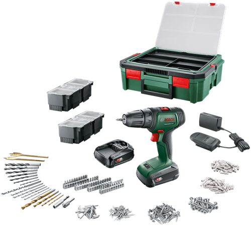 Bosch groen universal drill 18v | accuschroefboormachine | 2 x 1.5 ah accu + lader | incl. accessoires + systembox - 06039d4003