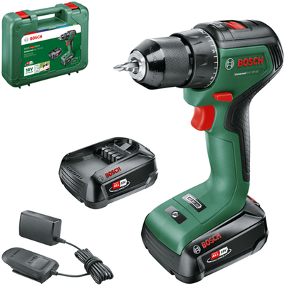 Bosch groen bosch universaldrill 18v-60 accuschroefboormachine - met 2x 18 v li-ion accu (2,0 ah) en lader