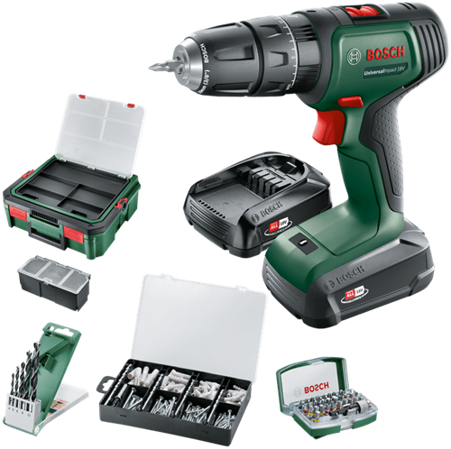 Bosch groen universalimpact 18v | accuklopboorschroevendraaier | 1.5 ah + 2.5 ah accu + lader | + systembox en accessoires 06039d4107