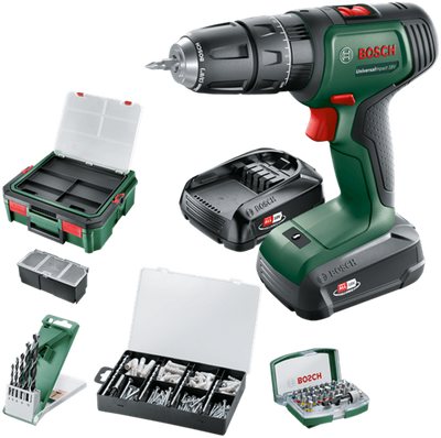 Bosch groen universalimpact 18v | accuklopboorschroevendraaier | 1.5 ah + 2.5 ah accu + lader | + systembox en accessoires 06039d4107