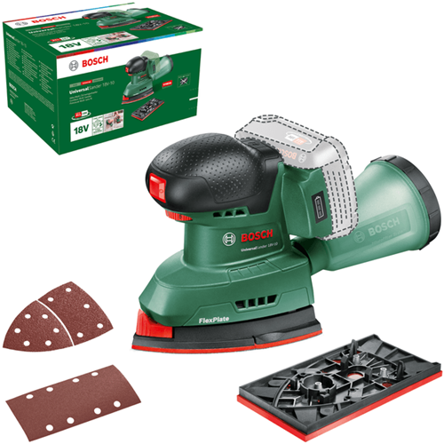 Bosch groen bosch universalsander 18v-10 - accu multischuurmachine - incl. rechthoekige schuurvoet en 2 schuurbladen - excl. 18v accu en lader