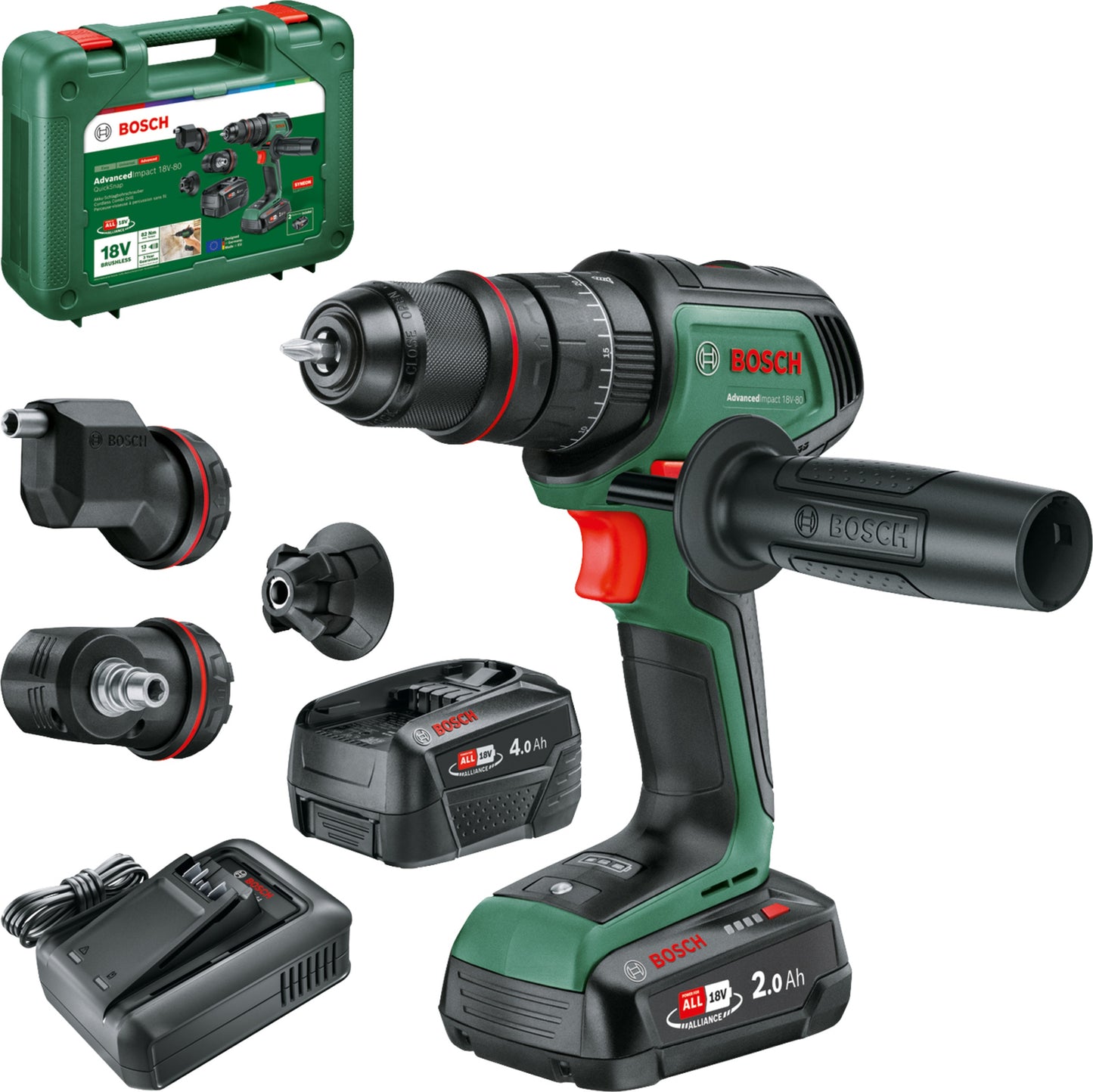 Imp bosch verde advancedact 18v-80 quicksnap | taladro de impacto inalámbrico | 82nm | incluido accesorios | 2x baterías de iones de litio de 18 v (2,5 ah 4,0 ah) + cargador | por si acaso - 06039e2104
