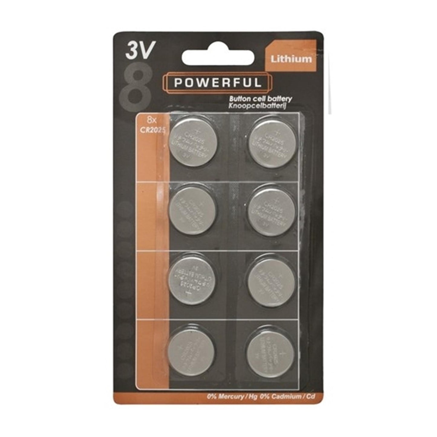 Potente batteria a bottone cr2025 card da 8 pezzi.