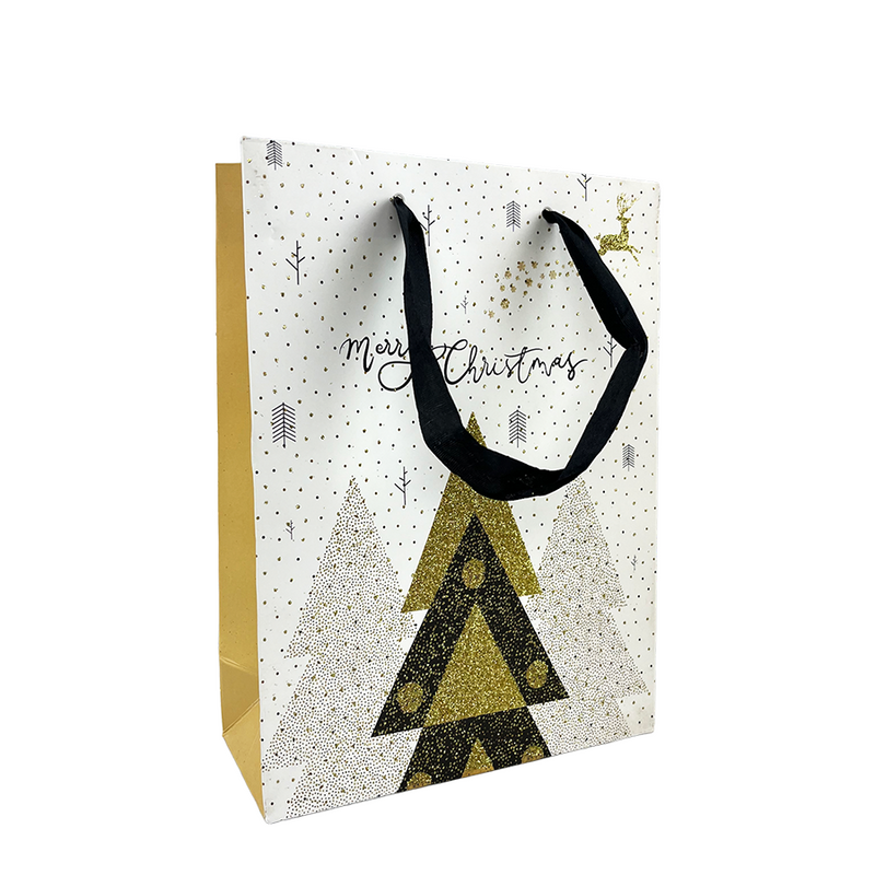 Busta regalo media glitter bianco buon natale albero di Natale 18x24x8cm
