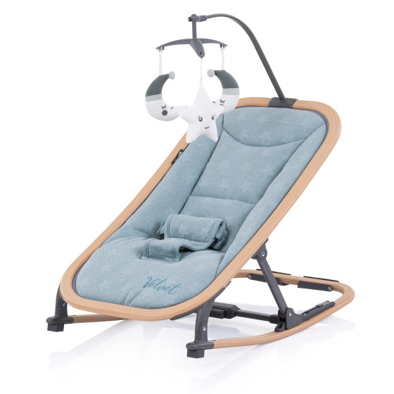 Mecedora plegable de terciopelo chipolino con madera móvil de cielo