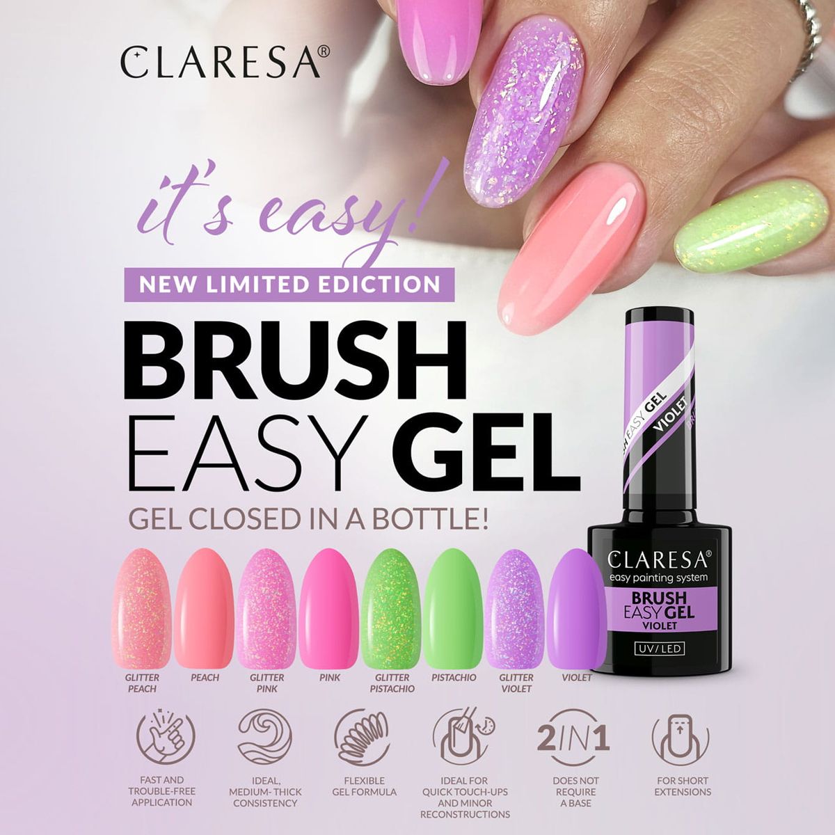 Claresa brush easy gel glitter violet 5ml