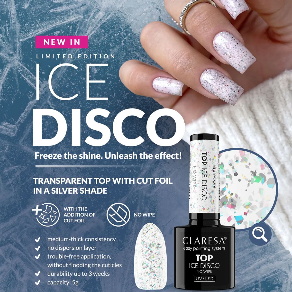 Claresa top coat sin toallita ice disco 5ml