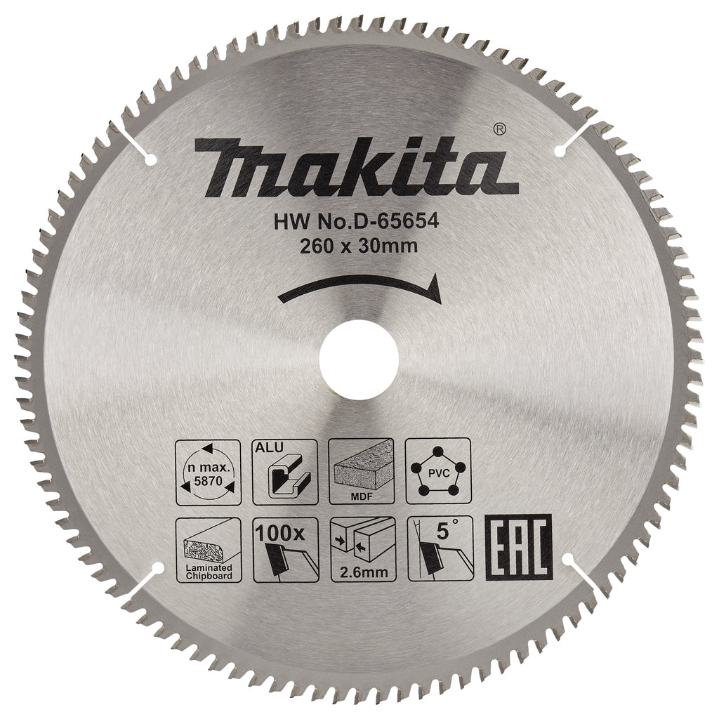 Accessori Makita d-65654 lama per sega trasversale | materiali vari | 260x30x2,6| 100 t | 5g-d-65654
