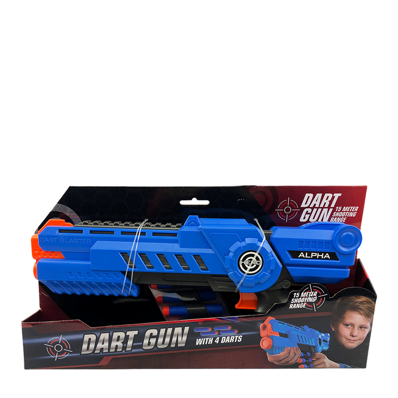 Pistola per dardi alfa con 4 dardi blu 35,5 cm