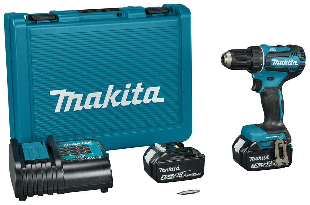 Makita ddf485sfe trapano avvitatore 18 v brushless 3,0 ah batteria (2 pz), caricabatterie, in valigetta