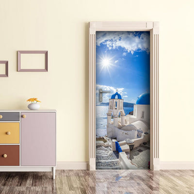 Pegatina de la puerta de Dekoidea Mar Egeo Sea 83 x 210 cm de vinilo Blanco Azul