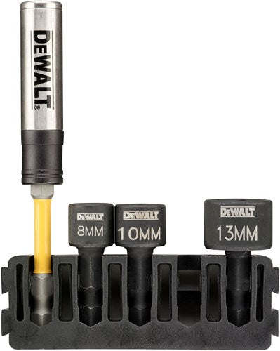 Porta accessori Dewalt + bussole esagonali magnetiche a impatto | 5 pezzi | 8mm, 10mm, 13mm + guida vite flextorq - dt70826-qz