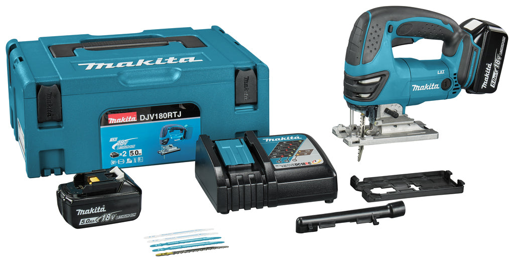 Makita djv180rtj | Sierra de calar de 18v | mango en d | Cargador rápido de batería de 5,0 ah (2 piezas) | en mbox djv180rtj