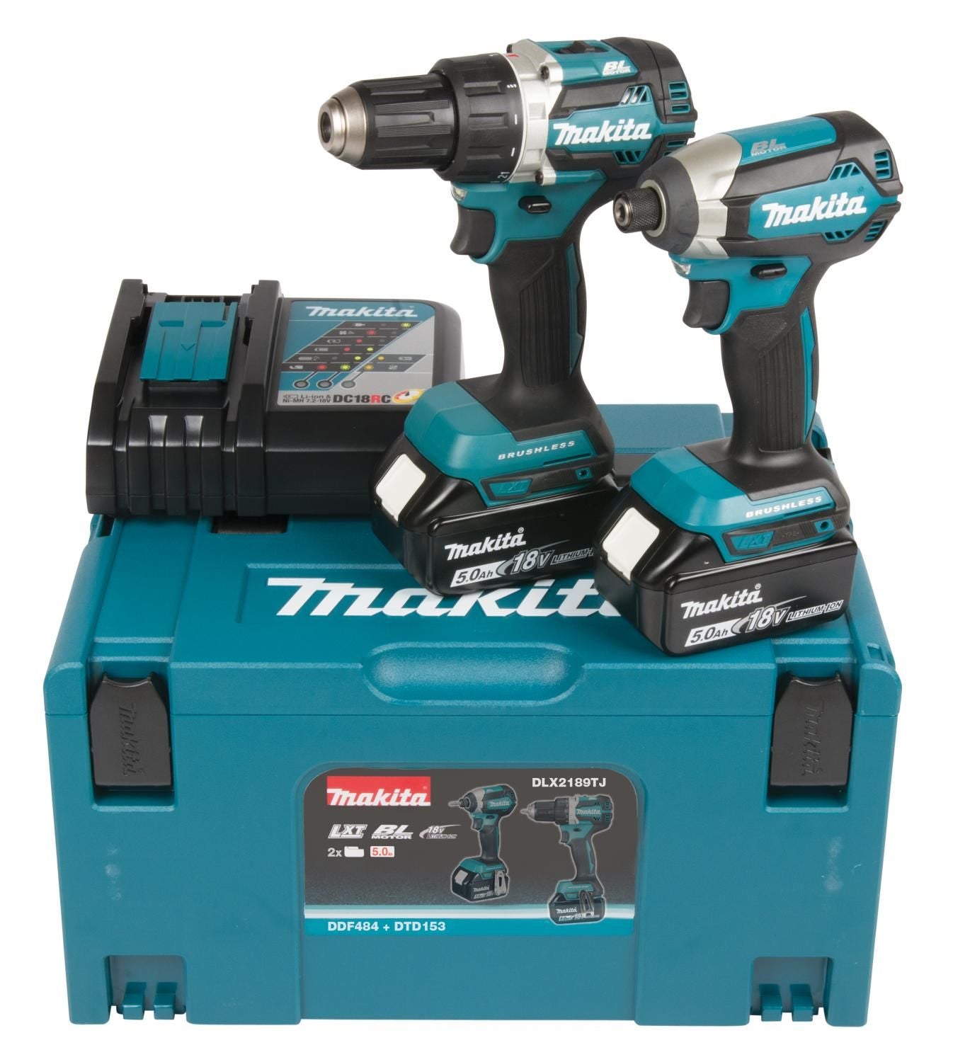 Makita DLX2189TJ 18V 5.0Ah Set combinato trapano avvitatore a batteria DDF484 e avvitatore a percussione DTD153