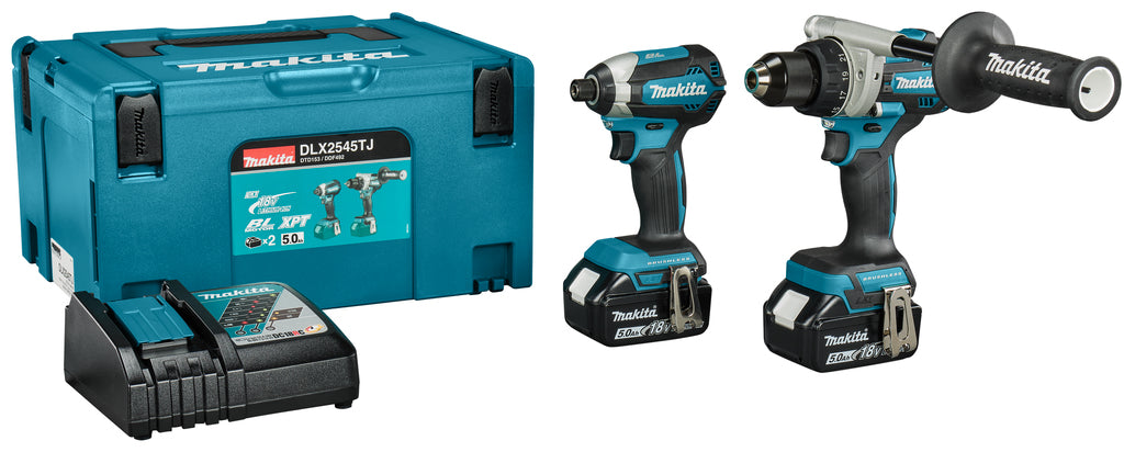 Makita dlx2545tj 18v combiset ddf492 boor- schroefmachine + dtd153 slagschroevendraaier (2x 5.0ah en lader) in mbox - dlx2545tj