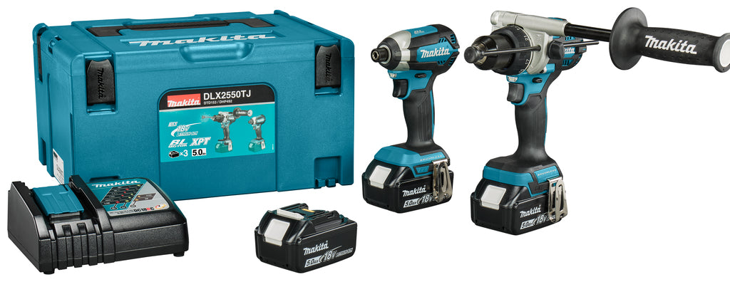 Makita dlx2550tj juego combinado de 18v taladro/destornillador dhp492 (de impacto) + destornillador de impacto dtd153 (batería 3x 5.0ah y cargador) en mbox - dlx2550tj