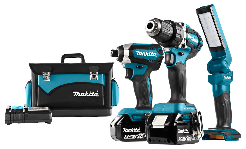 Makita dlx3090tx1 set combinato 18v 5.0ah trapano avvitatore a batteria ddf484 e avvitatore a percussione dtd153 + lampada dml801 + 3a batteria - dlx3090tx1