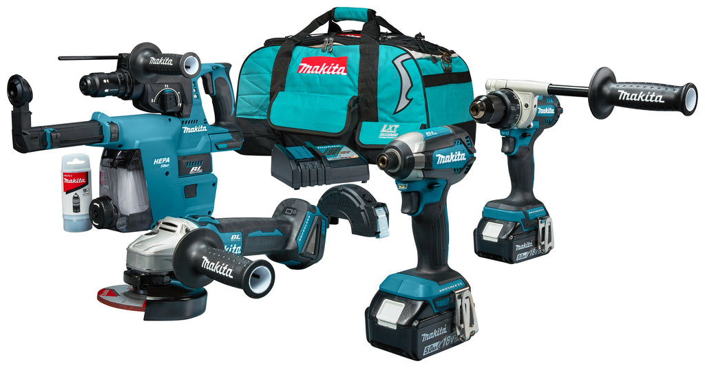 Juego combinado Makita dlx4194tx1 - taladro/destornillador inalámbrico ddf492 + destornillador de impacto dtd153 18v + amoladora angular dga504 18v + martillo combinado hebr243 18v | incluido 2x batería de 5,0 ah y cargador