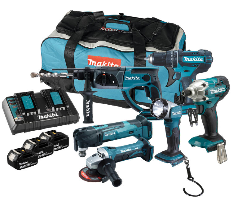 Set combinato Makita dlx6100px1 18v - dhp452 - hebr202 - dtm51 - dtd156 - dga452 | 3 batterie da 3,0 Ah