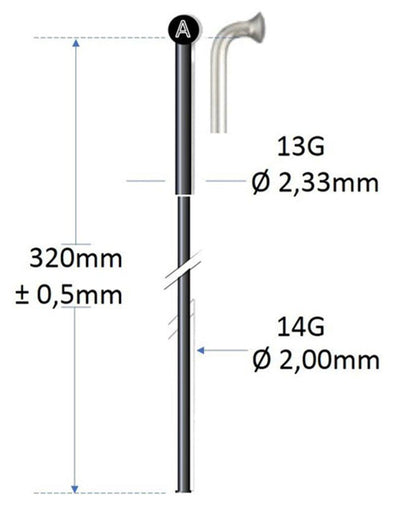 Alpina Spaak Negro de acero inoxidable 13G 320 mm Ø2.00 mm para máquina de radios P ​​100