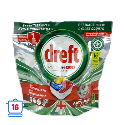 Dreft pastillas lavavajillas platinum plus todo en uno anti-mate limón 16 piezas