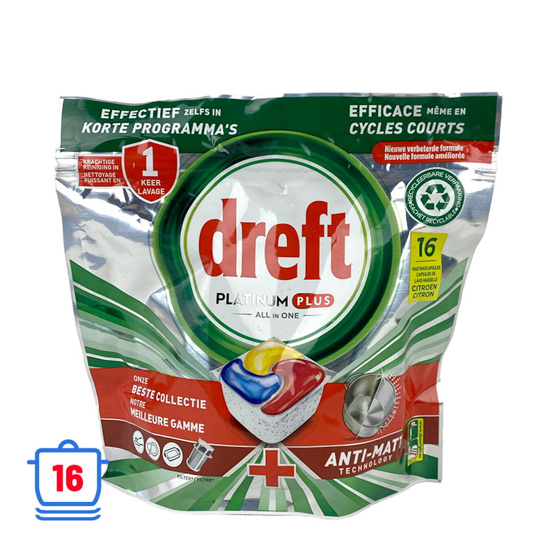 Pastiglie per lavastoviglie Dreft Platinum Plus All in One Antiopache Limone 16 Pezzi