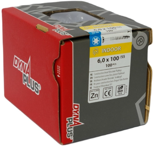 Vite da costruzione Dynaplus zincata testa svasata filetto parziale + punta tagliente torx tx30 6,0x100 55 | 100 pezzi - 0281.01.50601