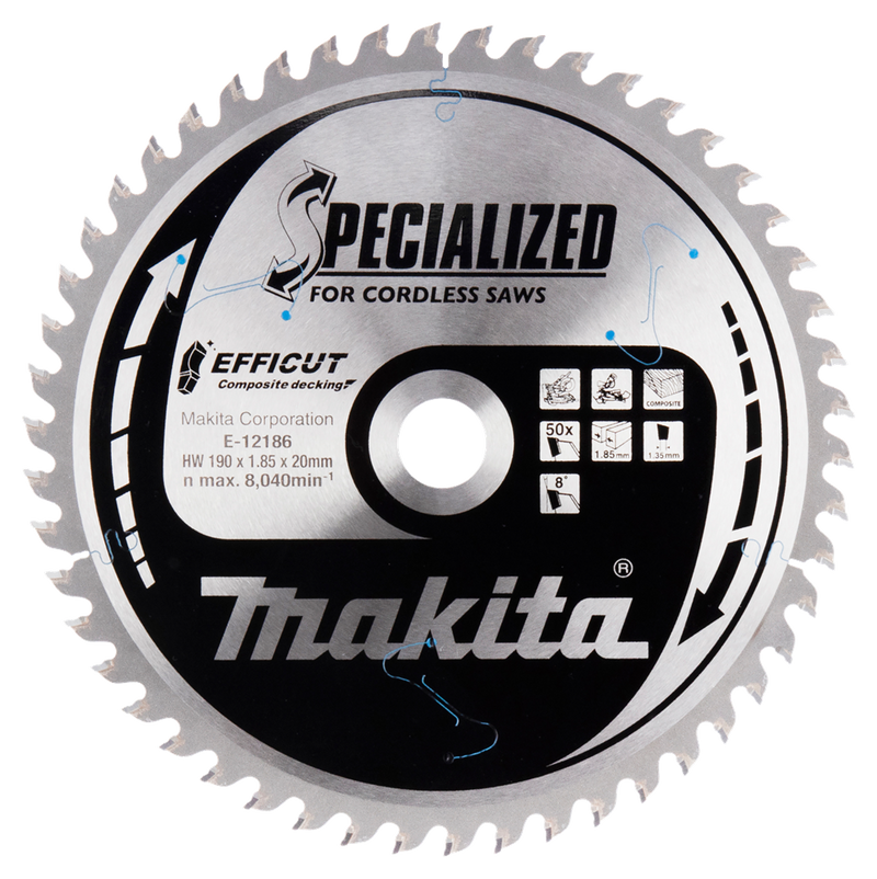 Accesorios Makita hoja de sierra transversal wpc | efficut 190x20x1.85 50t 8g - e-12186 - e-12186