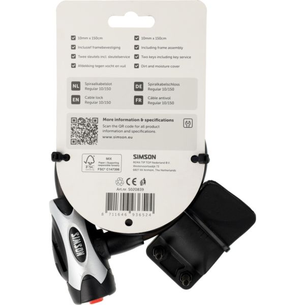 Candado de cable en espiral Simson tamaño regular xl 10mm x 150cm