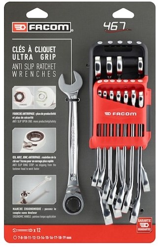 Facom set di 12 chiavi combinate a cricchetto antiscivolo, in supporto - 467b.jp12pb