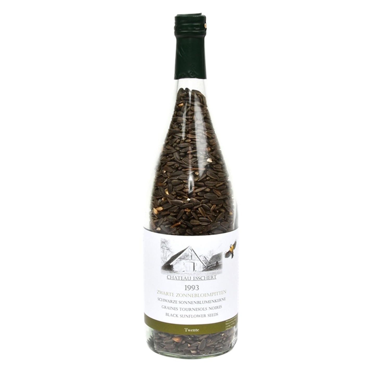 Bottiglia di vino dal design Esschert con semi di girasole neri