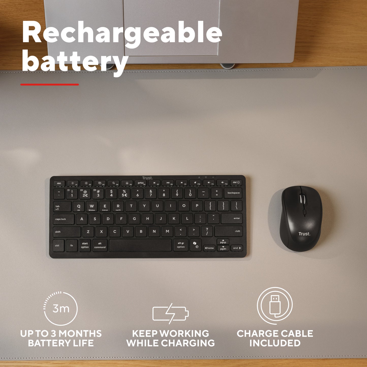 Tastiera Bluetooth Trust Nado II (nera, layout USA, interruttori a forbice, Bluetooth)