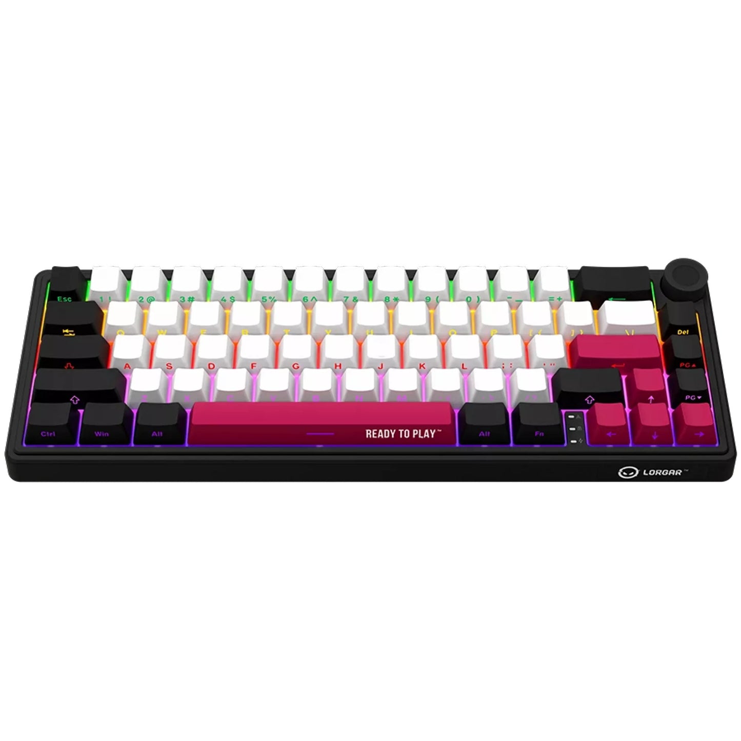 Lorgar kbp70mw, tastiera da gioco (nera, layout americano, logar tossico viola, 65%, rgb, hot-swapable, pbt double-shot, bluetooth 2.4ghz usb)