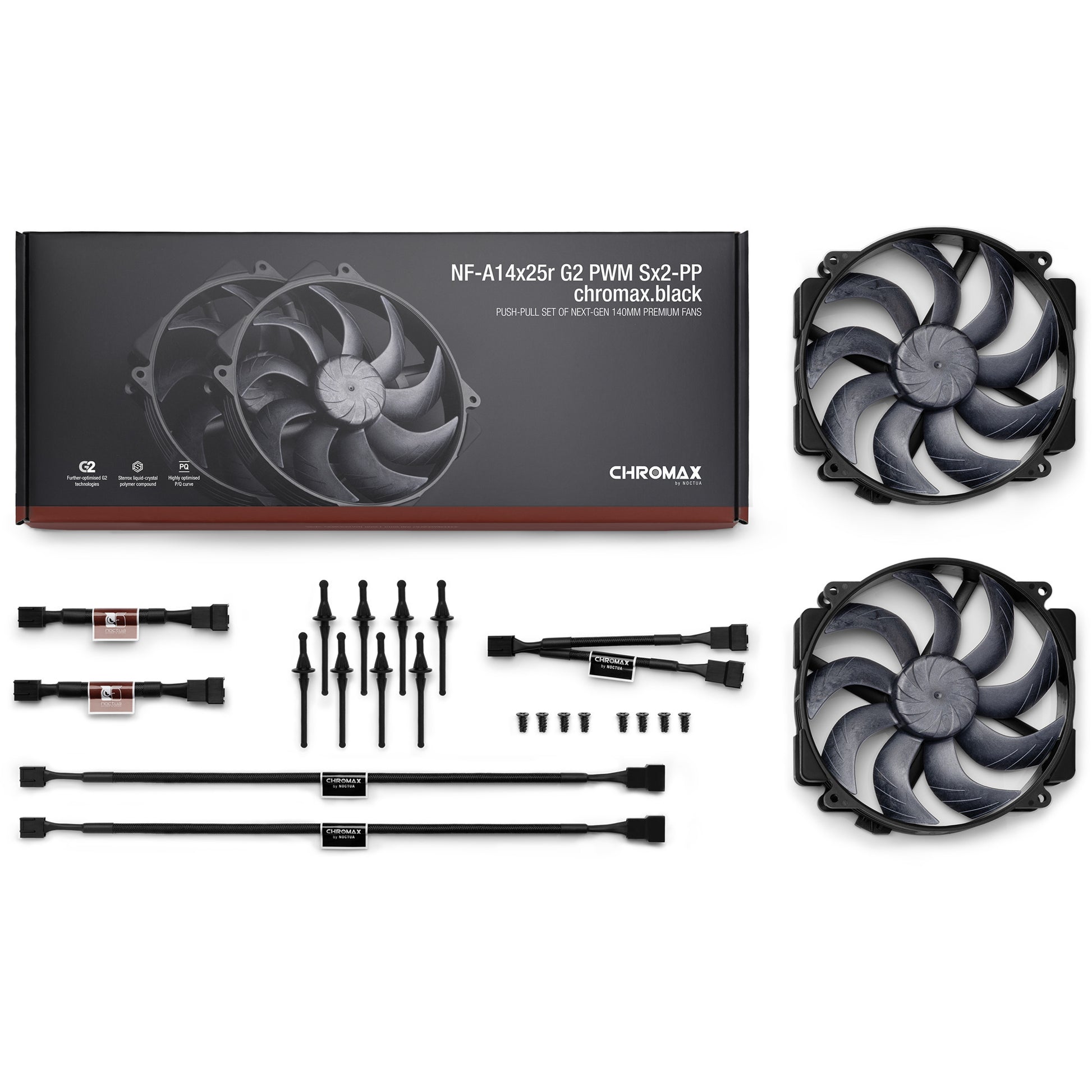 Ventole Noctua nf-a14x25r g2 pwm sx2-pp chromax.black (nero, 2 pezzi, 140 x 140 x 25 mm)