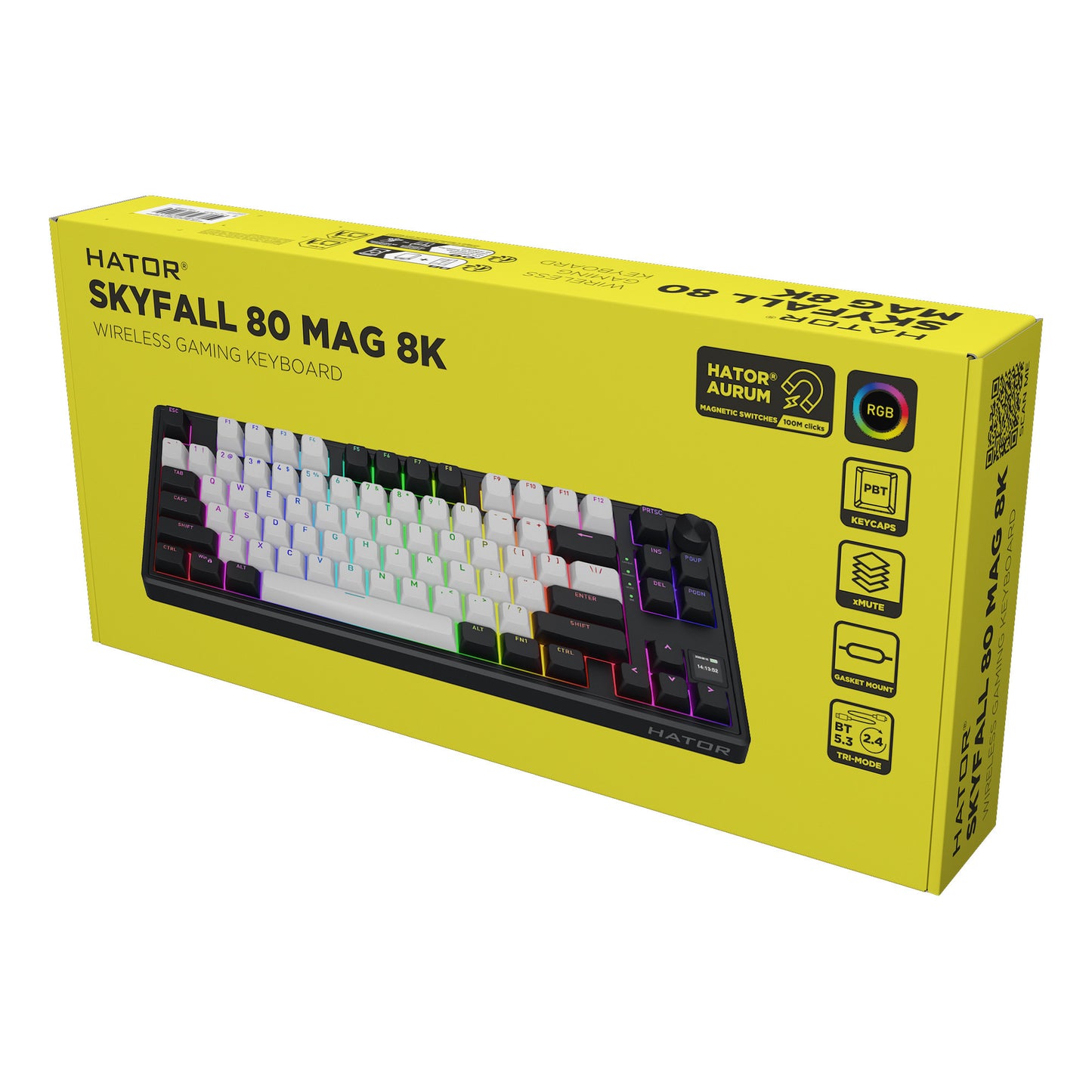 Hator skyfall mag ultima 8k wireless, tastiera da gioco (nera, layout americano, hator aurum ice, 80% (tkl), rgb, double-shot pbt, hot-swap, bluetooth usb-c da 2,4 ghz)