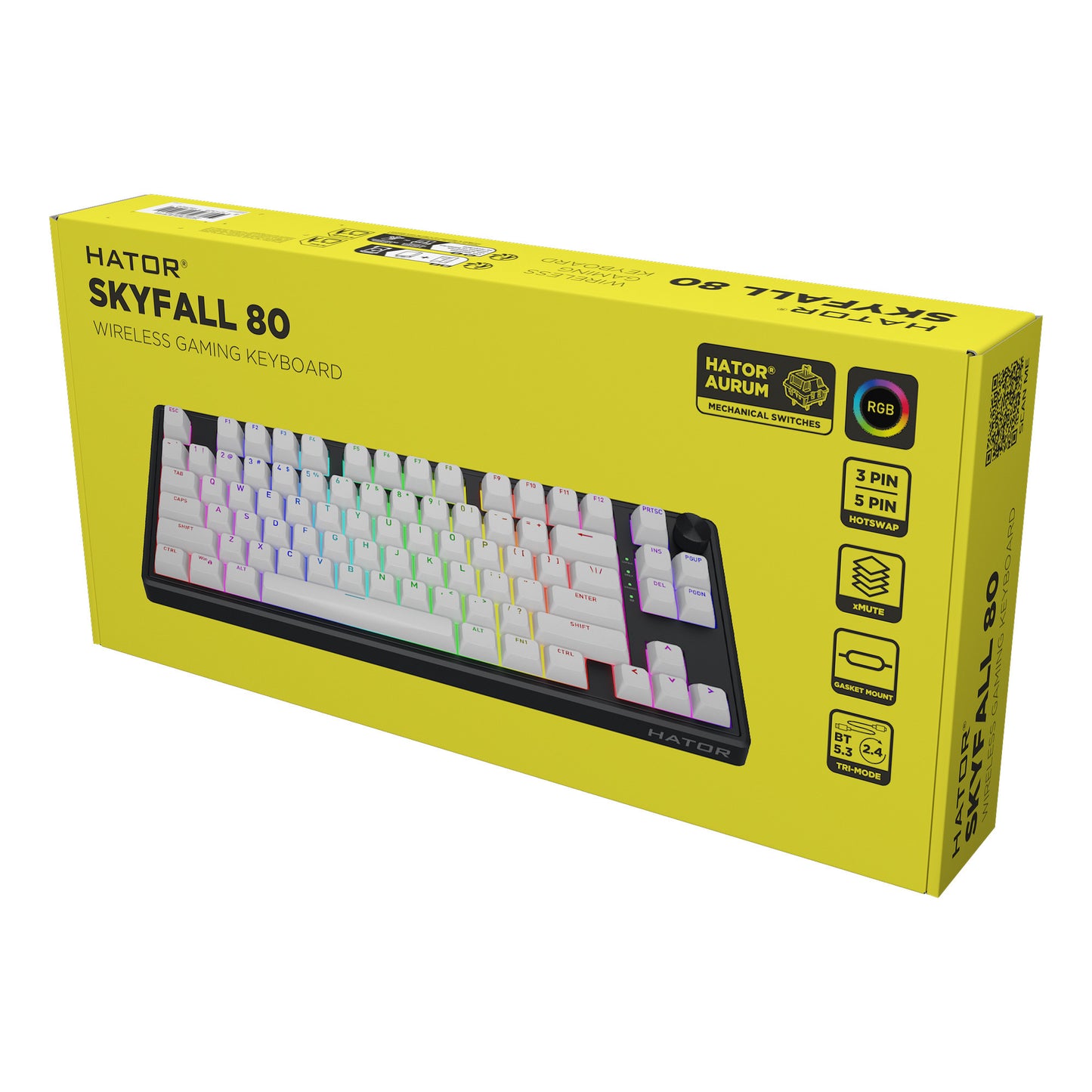 Hator skyfall wireless, tastiera da gioco (nera, layout americano, hator aurum lemon, 80% (tkl), rgb, double shot abs, hot-swap, bluetooth usb-c da 2,4 ghz)