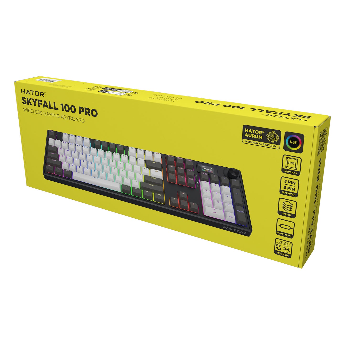 Hator skyfall pro wireless, tastiera da gioco (nera, layout americano, hator aurum vanilla silent, rgb, double-shot pbt, hot-swap, bluetooth usb-c da 2,4 ghz)