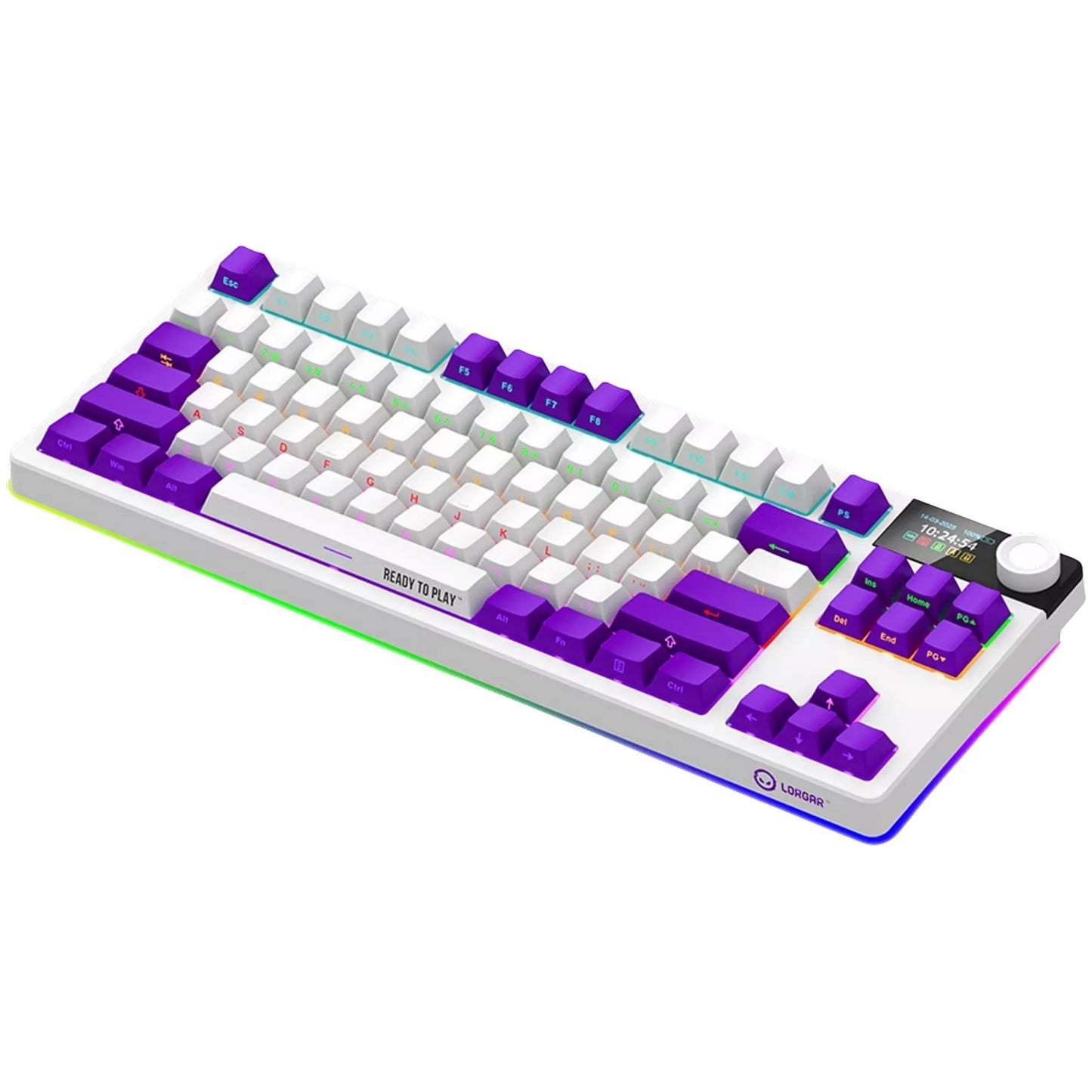 Lorgar kbp70tklw, tastiera da gioco (bianca, layout us, logar tossico viola, tkl, rgb, hot-swapable, pbt double-shot, bluetooth 2.4ghz usb)