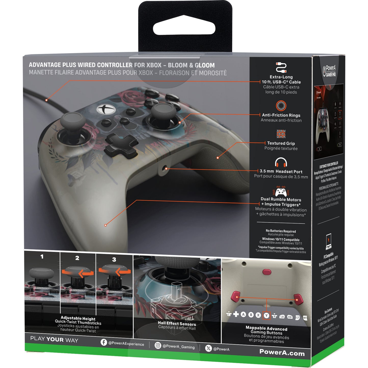 Controlador con cable powera Advantage plus para xbox series x|s - bloom gloom (silver, xbox series x|s, xbox one, PC)