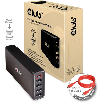 Club 3D USB tipo A y Cargador C, 5 puertos de hasta 111W
