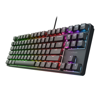 Trust GXT 864 Cada Tastiera da gioco meccanica compatta TKL, tastiera da gioco (nera, layout USA, marrone Huano, RGB)