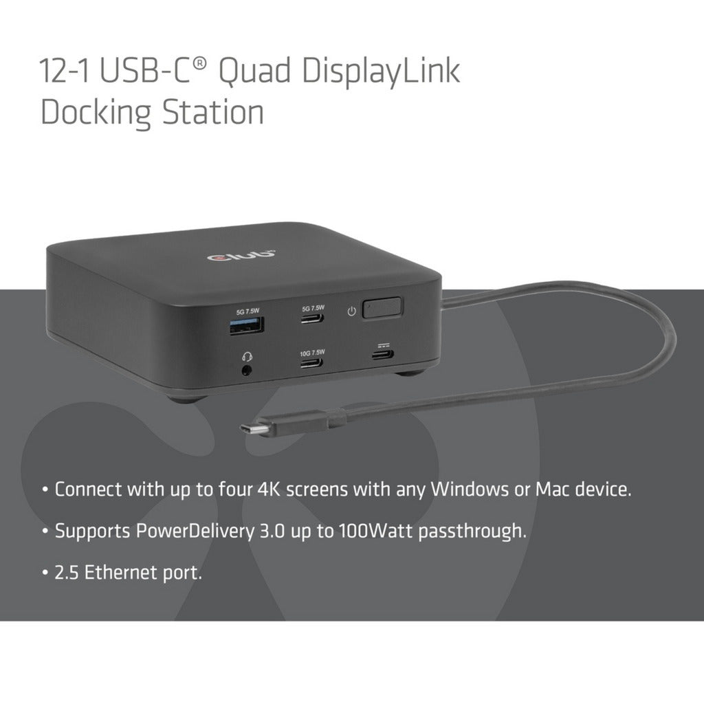 Estación de acoplamiento Club 3D 12-1 USB-C® Quad DisplayLink (negra)