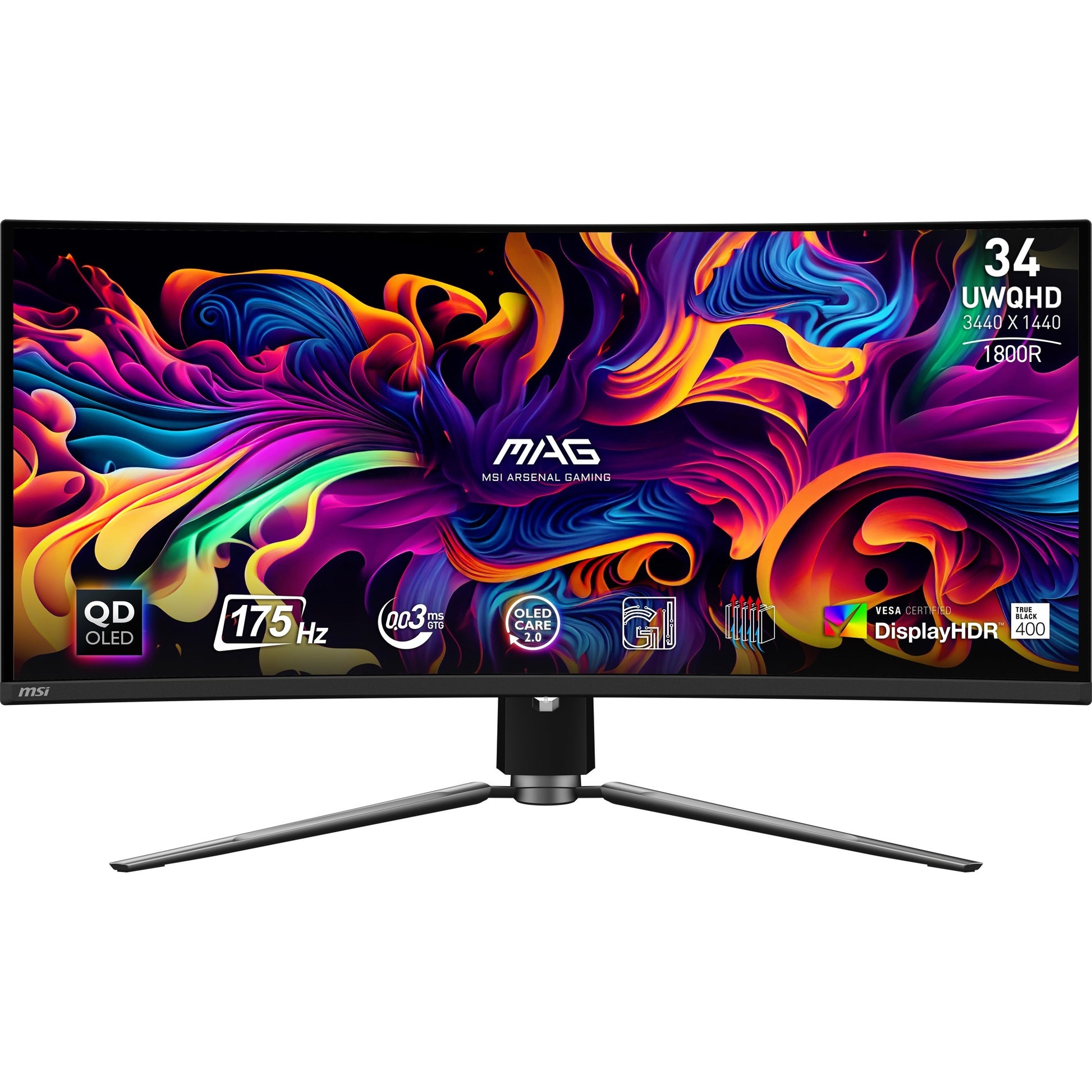 Monitor da gioco ultrawide curvo MSI Mag 341CQP QD-OLED 34 (nero, 2x HDMI, Display Port, 2x USB-A, USB-B, USB-C, 175 Hz)