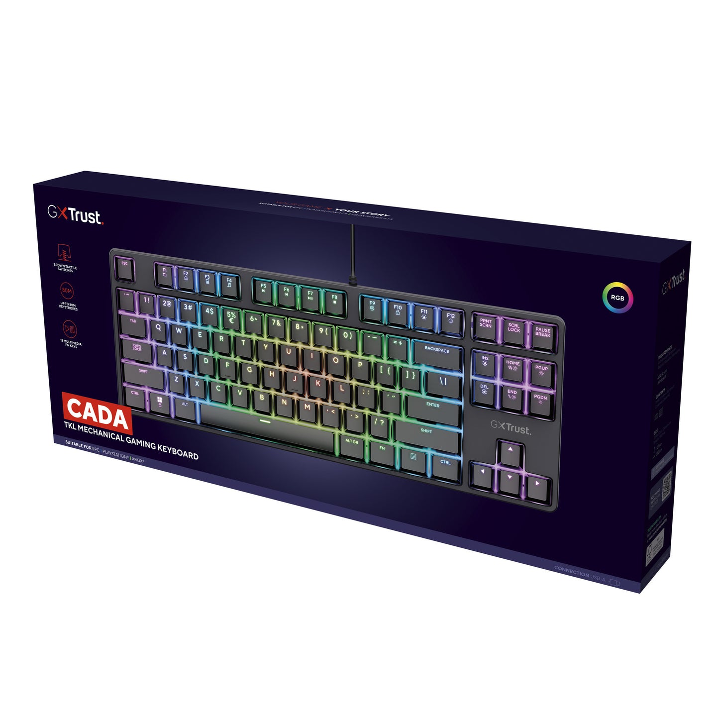 Trust GXT 864 Cada Tastiera da gioco meccanica compatta TKL, tastiera da gioco (nera, layout USA, marrone Huano, RGB)
