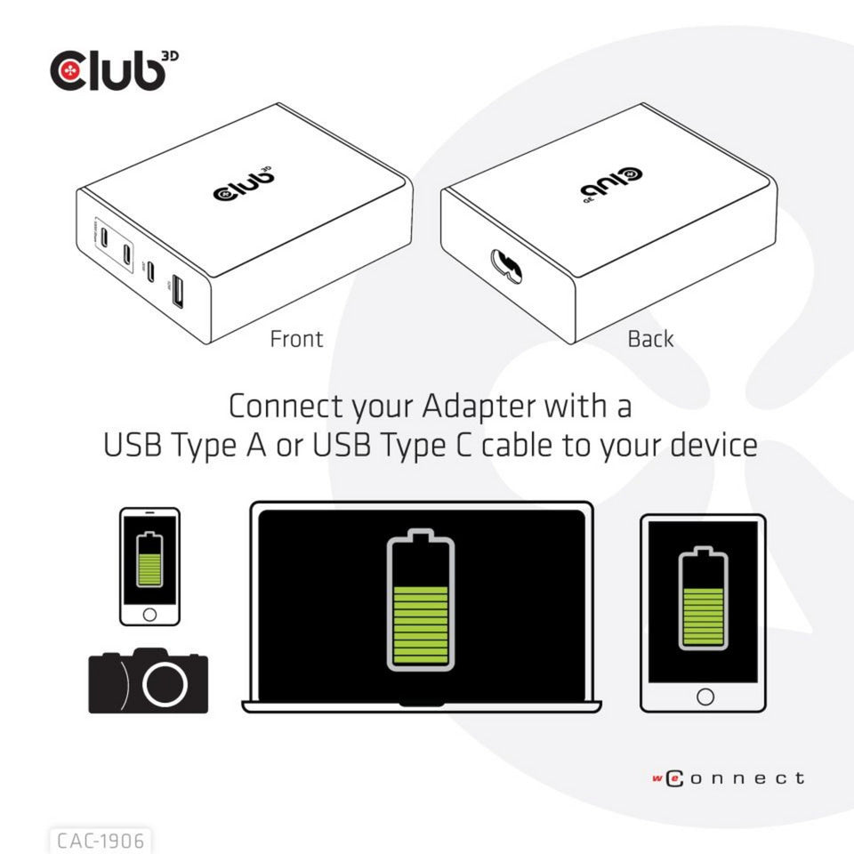 Club 3D Travel Charger 132W Gan Technology, Four Port USB