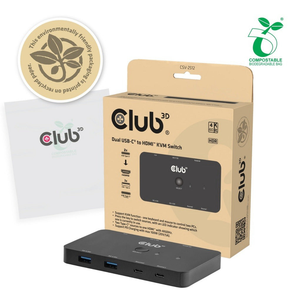 Switch KVM Club 3D CSV-2512 Switch KVM doppio da USB-C a HDMI (Nero, 4K 60Hz)
