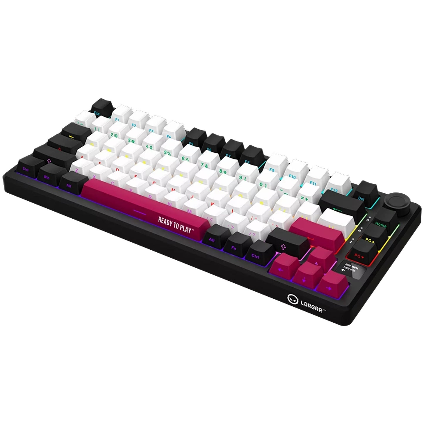 Lorgar kbp7075w, tastiera da gioco (nera, layout americano, logar tossico viola, 75%, rgb, hot-swapable, pbt double-shot, bluetooth 2.4ghz usb)
