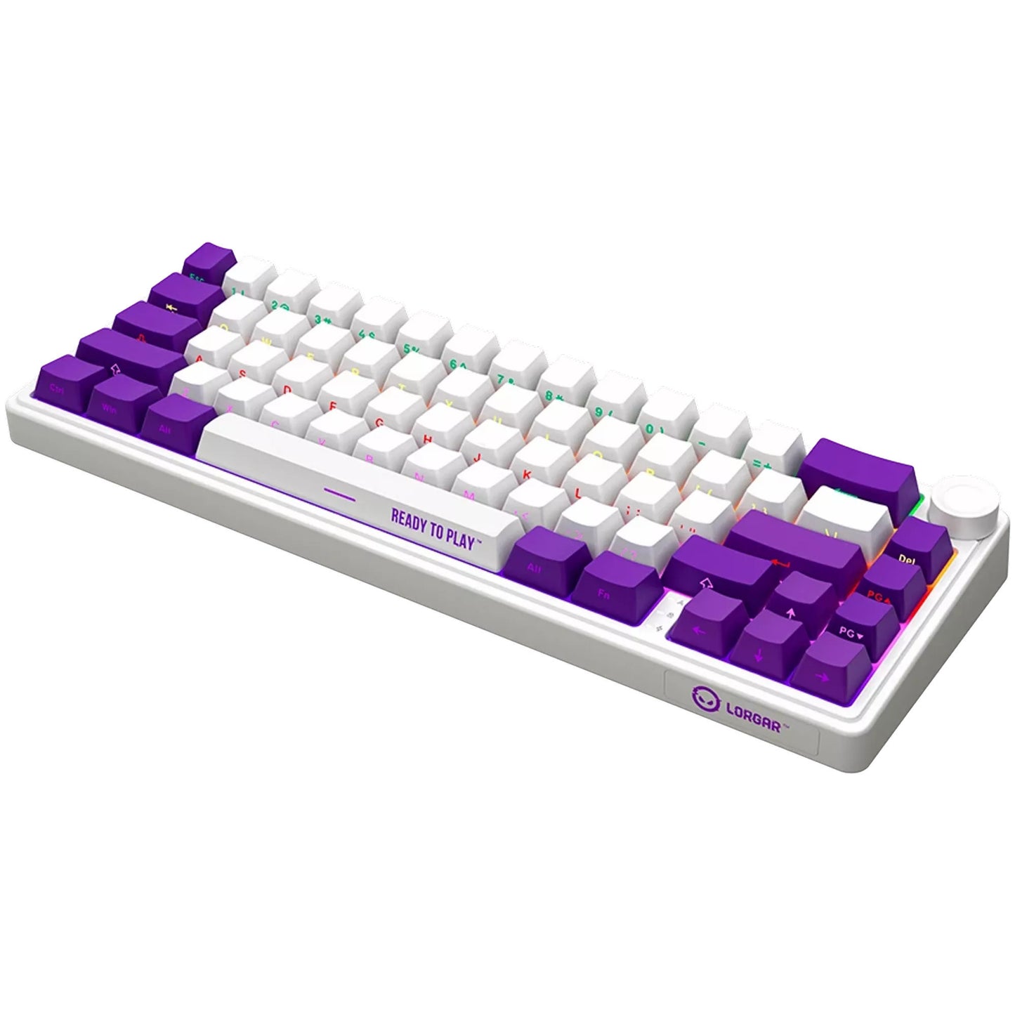 Lorgar kbp70mw, tastiera da gioco (bianca, layout americano, logar tossico viola, 65%, rgb, hot-swapable, pbt double-shot, bluetooth 2.4ghz usb)
