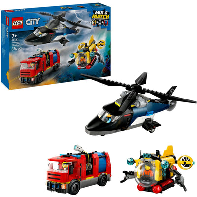 Elicottero LEGO LEGO 60462, camion dei pompieri e remix sottomisero